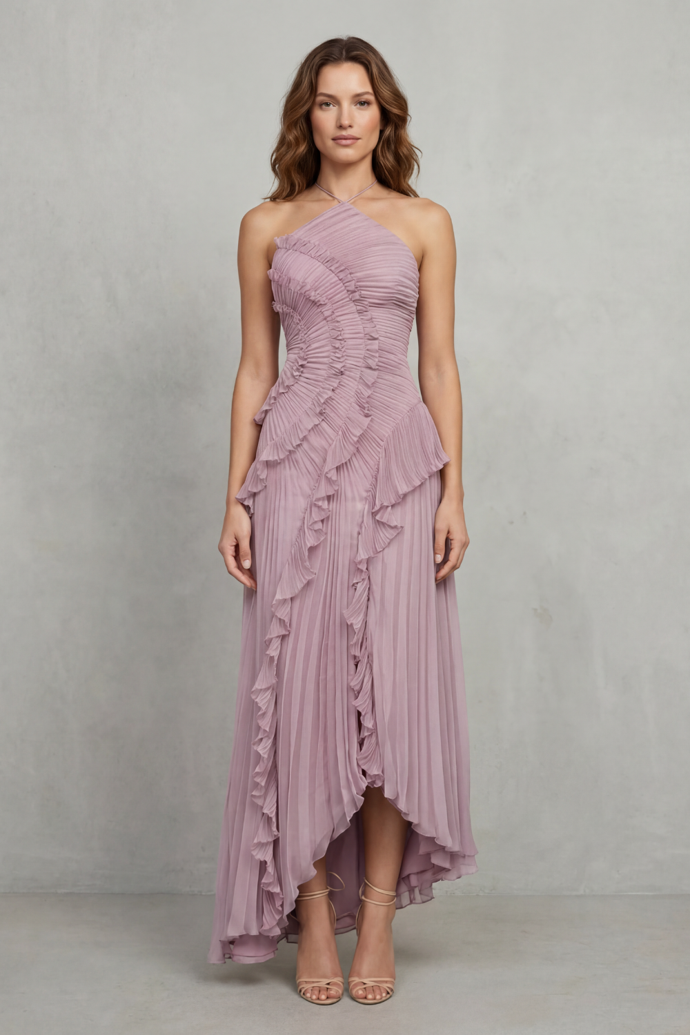 Cecile | Maxi Halter Dress Dusty Pink Chiffon Pleated Ruffle for Women