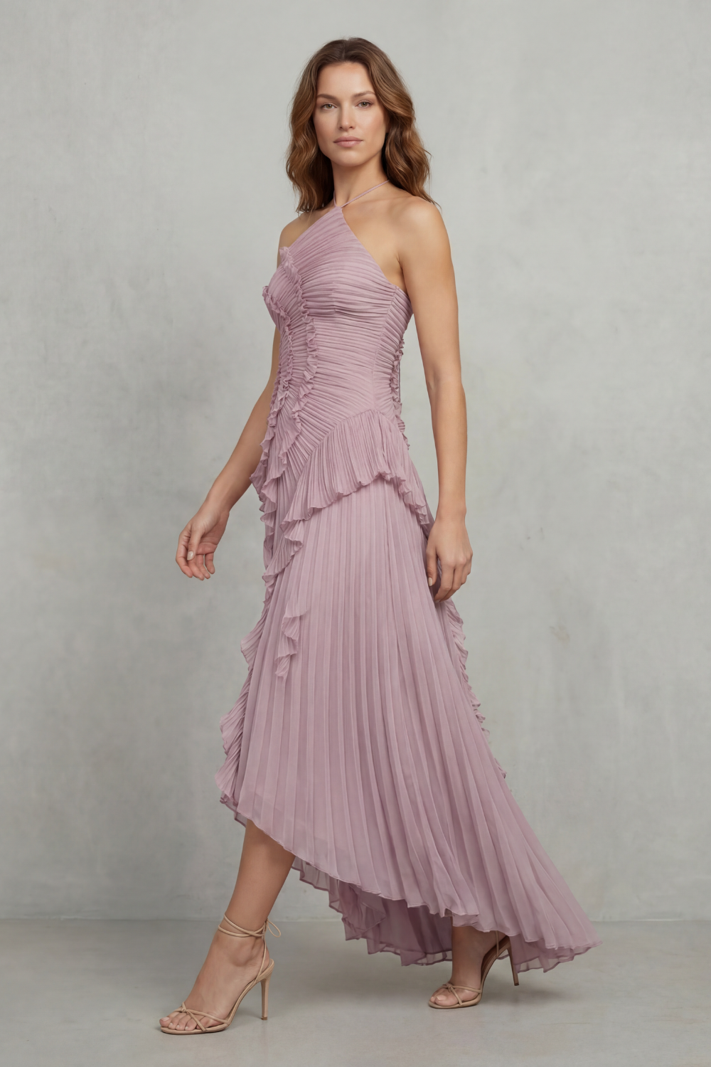 Cecile | Maxi Halter Dress Dusty Pink Chiffon Pleated Ruffle for Women