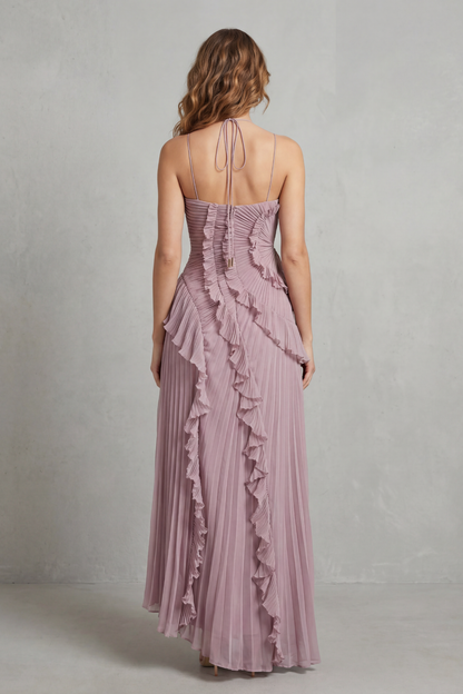 Cecile | Maxi Halter Dress Dusty Pink Chiffon Pleated Ruffle for Women