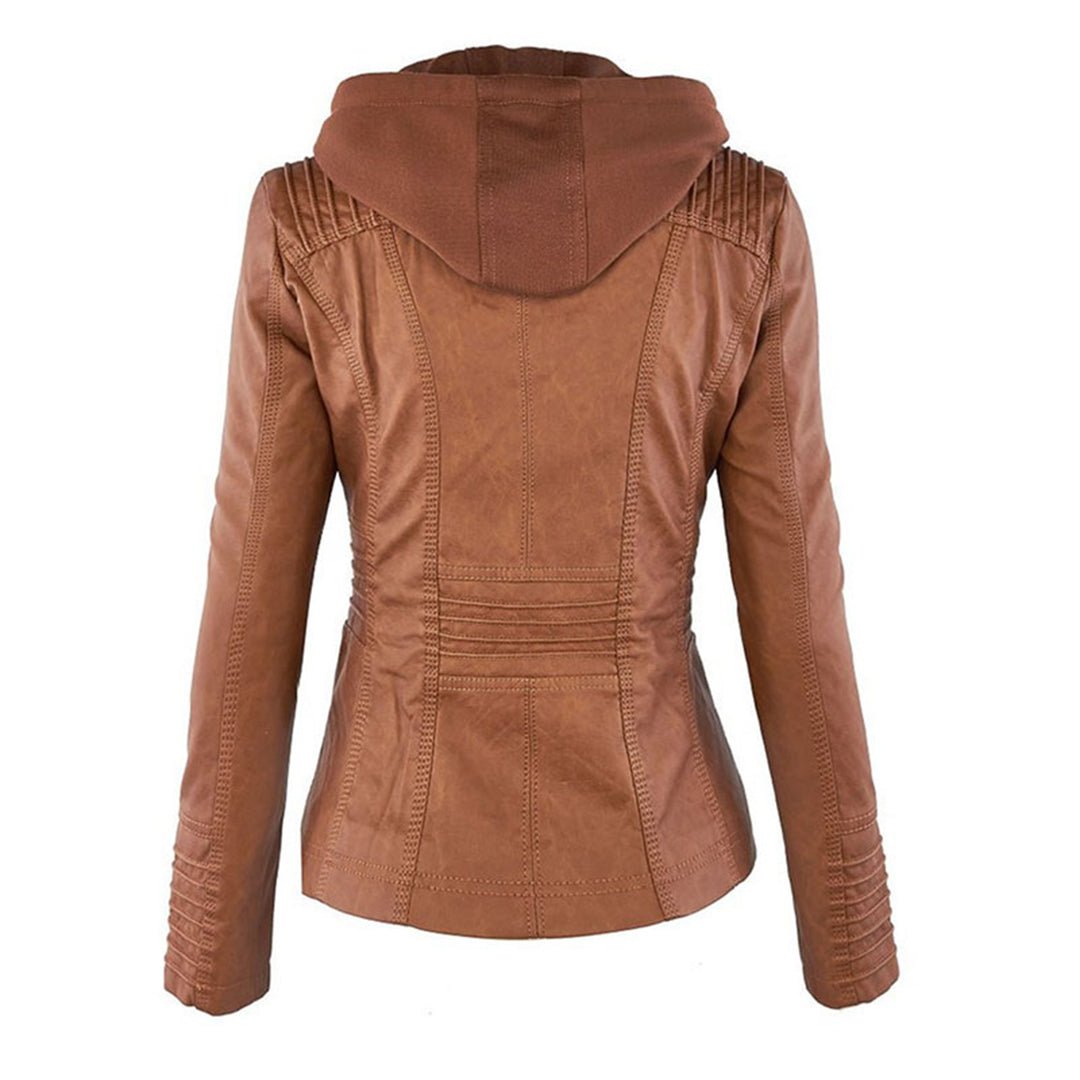 Freya | Hooded Biker Jacket Tan Faux Leather Zip Detail for Women