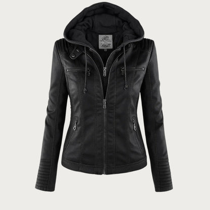 Freya | Hooded Biker Jacket Tan Faux Leather Zip Detail for Women