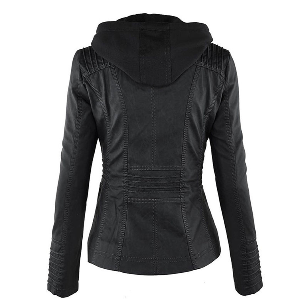 Freya | Hooded Biker Jacket Tan Faux Leather Zip Detail for Women