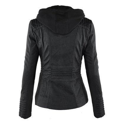 Freya | Hooded Biker Jacket Tan Faux Leather Zip Detail for Women