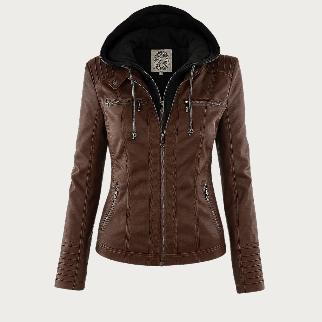 Freya | Hooded Biker Jacket Tan Faux Leather Zip Detail for Women
