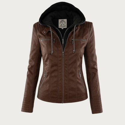 Freya | Hooded Biker Jacket Tan Faux Leather Zip Detail for Women