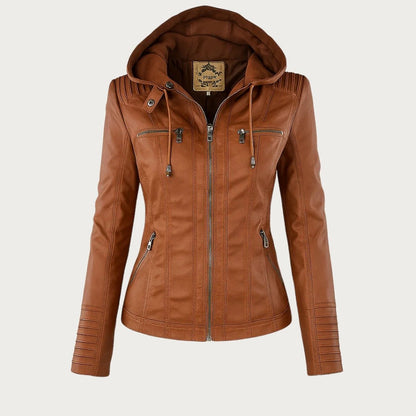 Freya | Hooded Biker Jacket Tan Faux Leather Zip Detail for Women