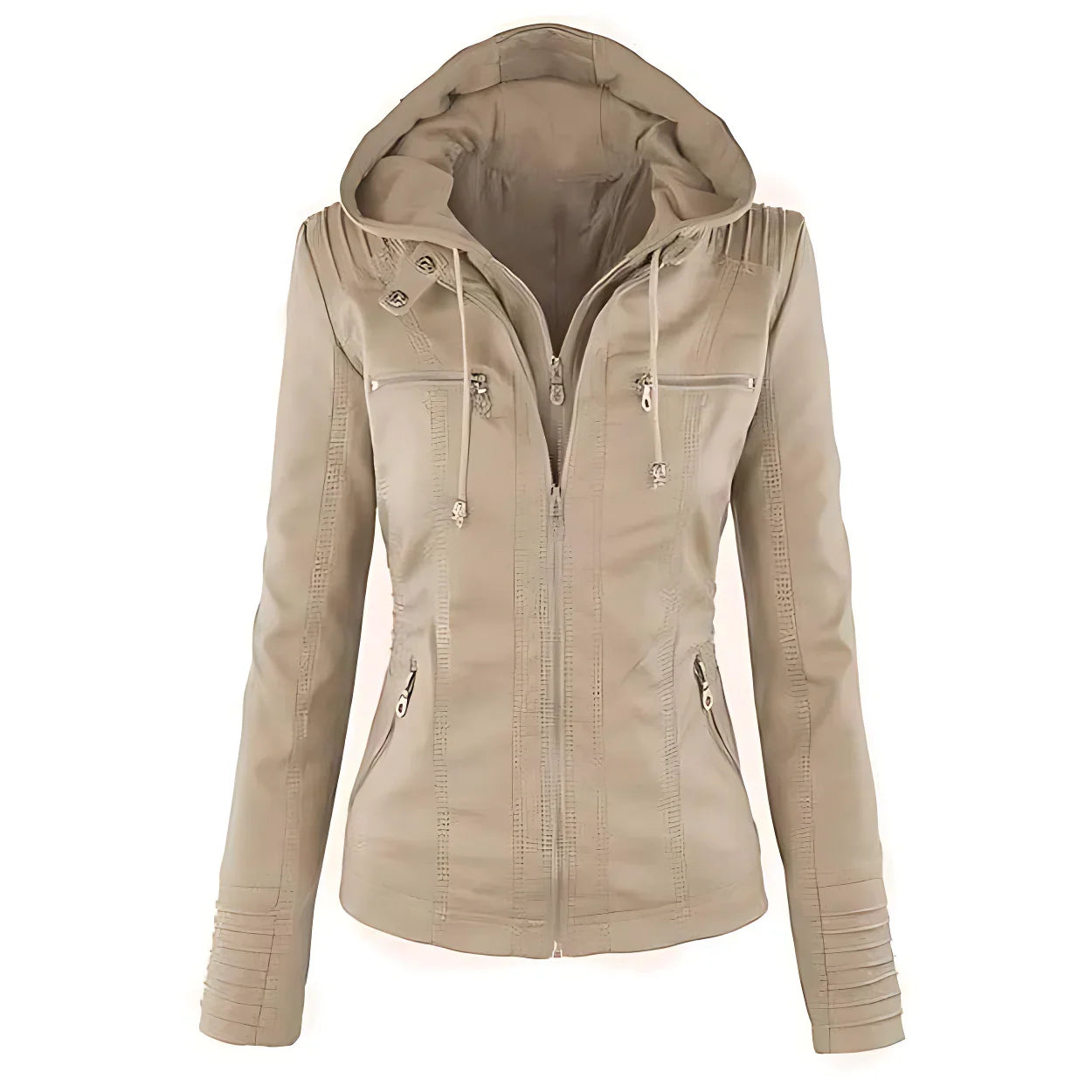 Freya | Hooded Biker Jacket Tan Faux Leather Zip Detail for Women