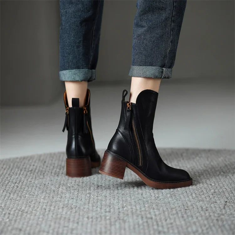 Carlotta | Ankle Boots Black Leather Front-Zip for Women