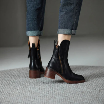Carlotta | Ankle Boots Black Leather Front-Zip for Women