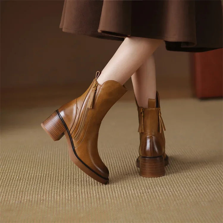 Carlotta | Ankle Boots Black Leather Front-Zip for Women
