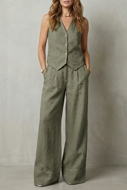 Laurette | Linen Vest and Wide-Leg Trouser Set Oatmeal Sleeveless for Women