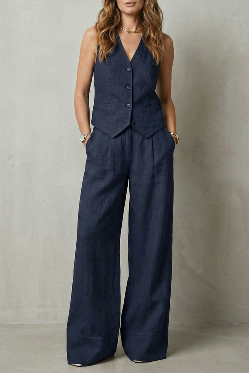 Laurette | Linen Vest and Wide-Leg Trouser Set Oatmeal Sleeveless for Women