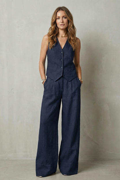 Laurette | Linen Vest and Wide-Leg Trouser Set Oatmeal Sleeveless for Women