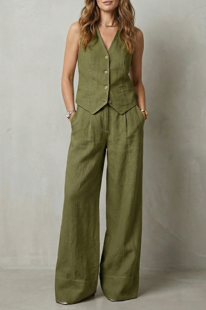 Laurette | Linen Vest and Wide-Leg Trouser Set Oatmeal Sleeveless for Women