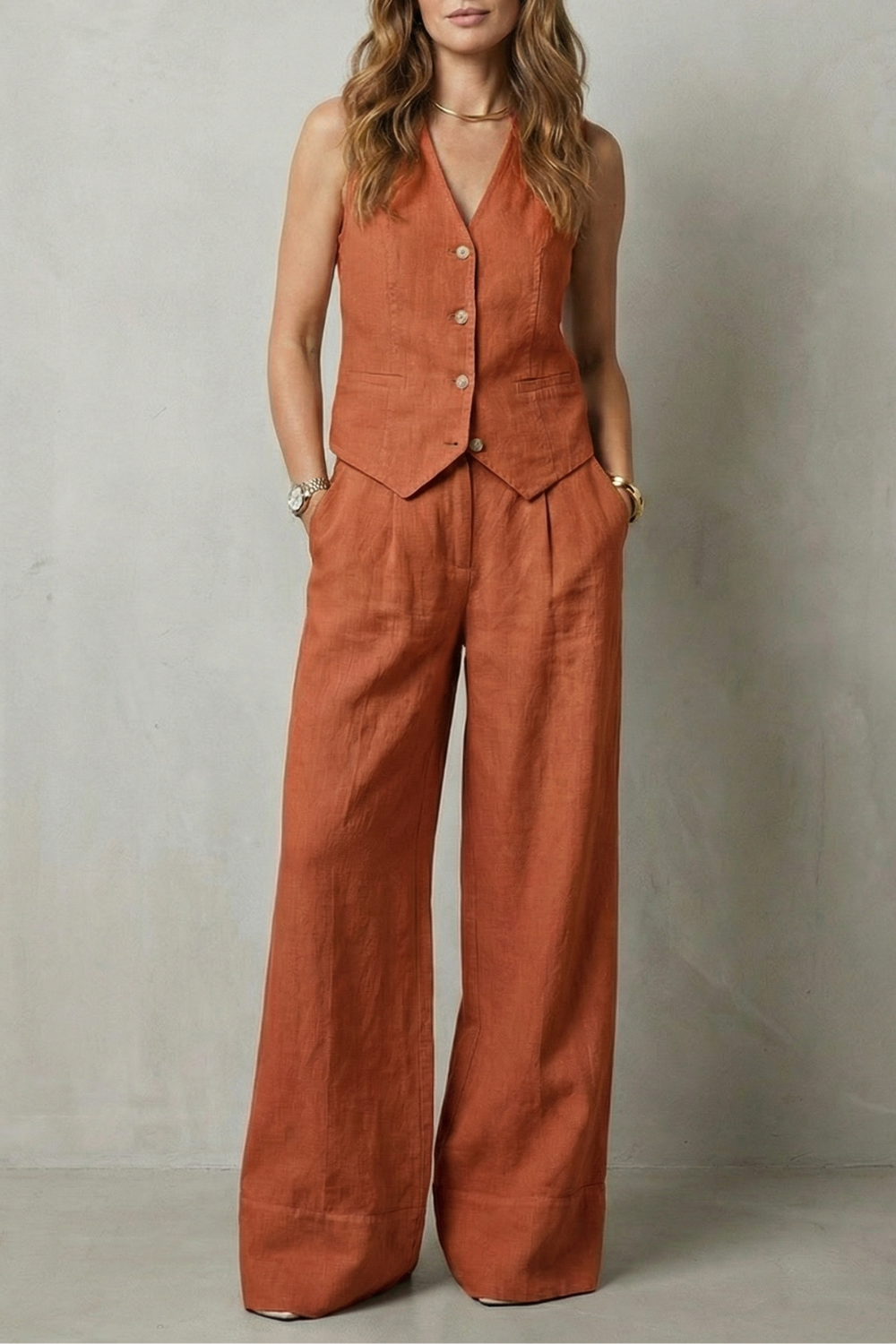 Laurette | Linen Vest and Wide-Leg Trouser Set Oatmeal Sleeveless for Women