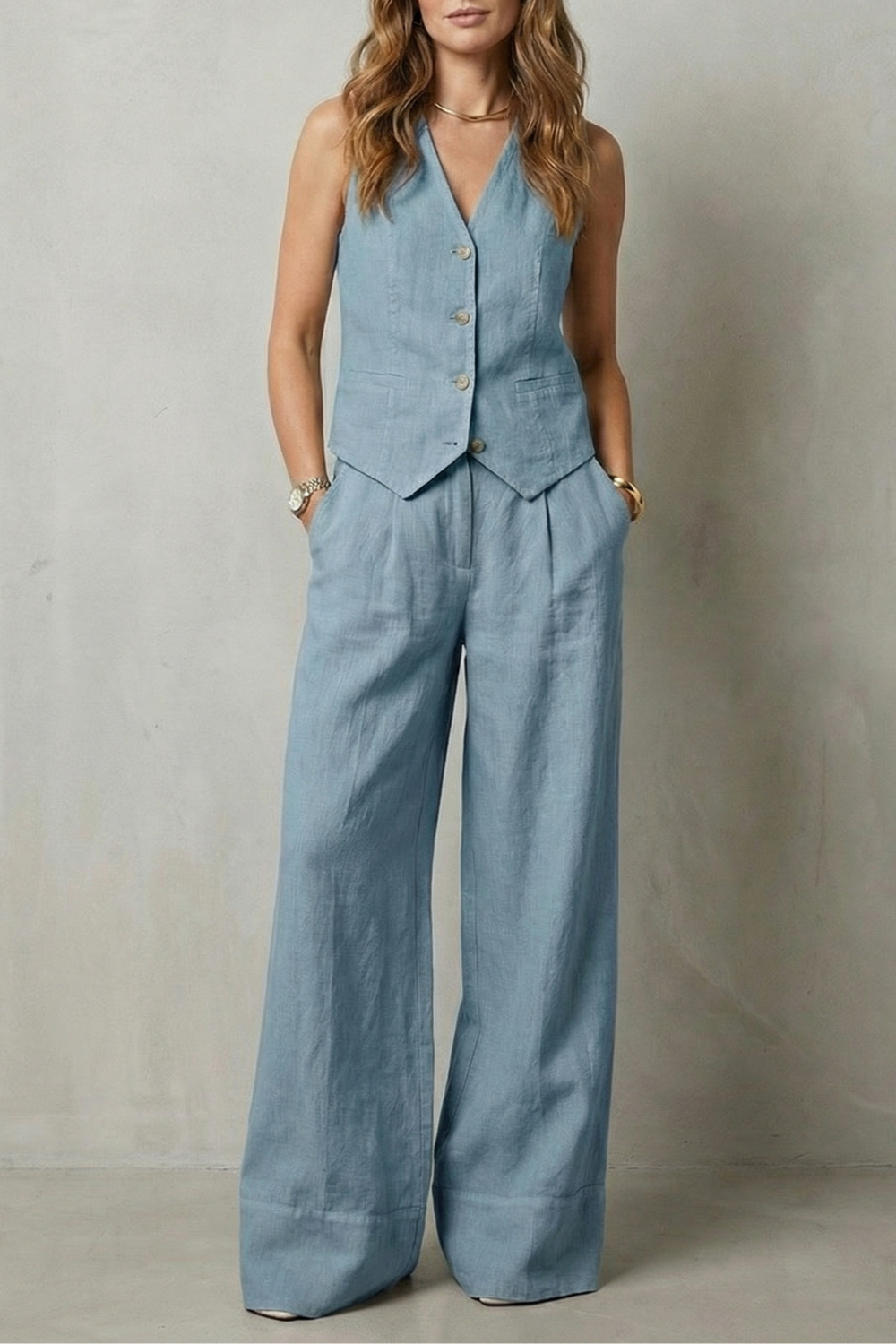 Laurette | Linen Vest and Wide-Leg Trouser Set Oatmeal Sleeveless for Women