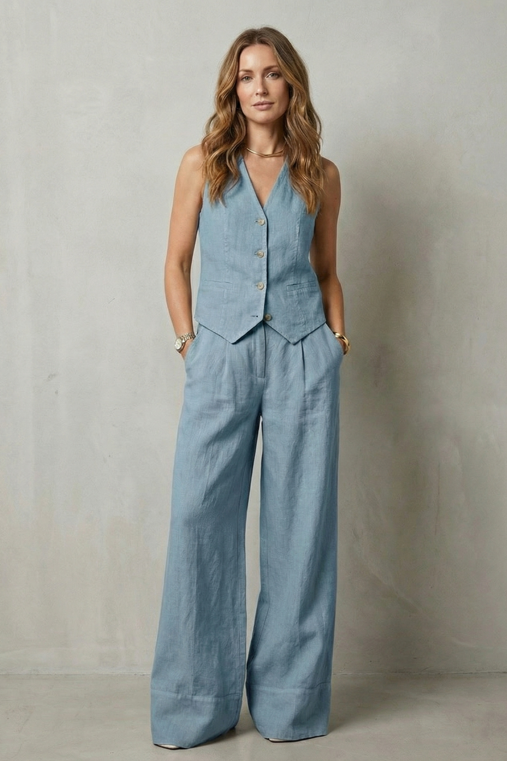 Laurette | Linen Vest and Wide-Leg Trouser Set Oatmeal Sleeveless for Women