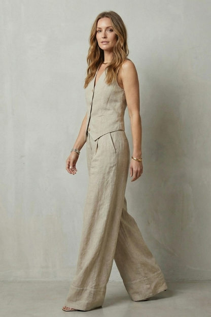 Laurette | Linen Vest and Wide-Leg Trouser Set Oatmeal Sleeveless for Women