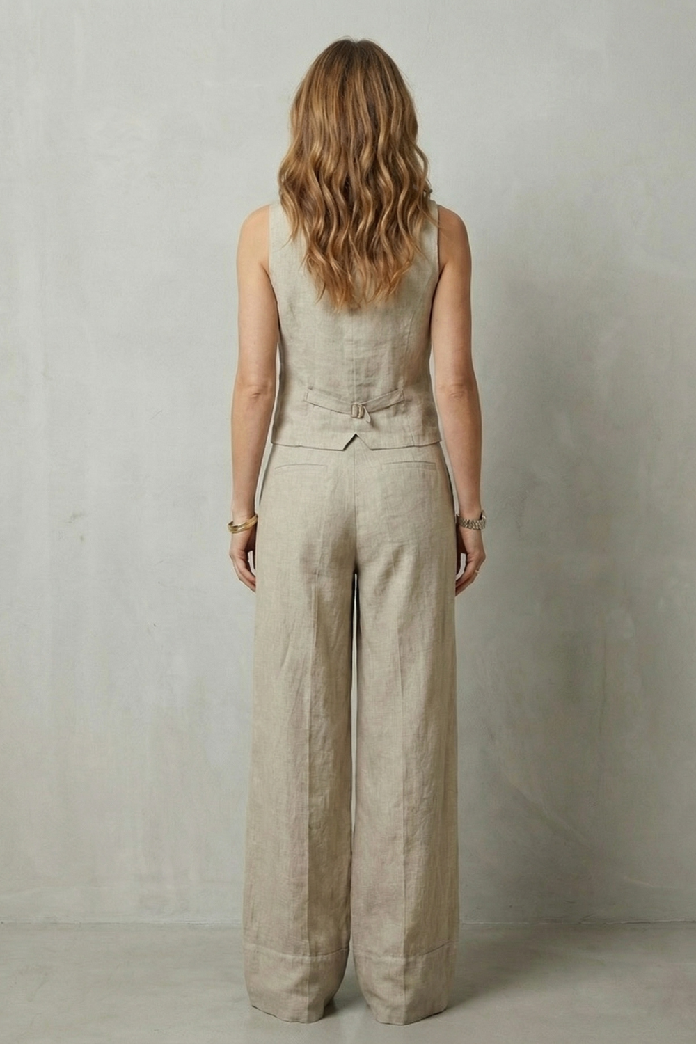 Laurette | Linen Vest and Wide-Leg Trouser Set Oatmeal Sleeveless for Women