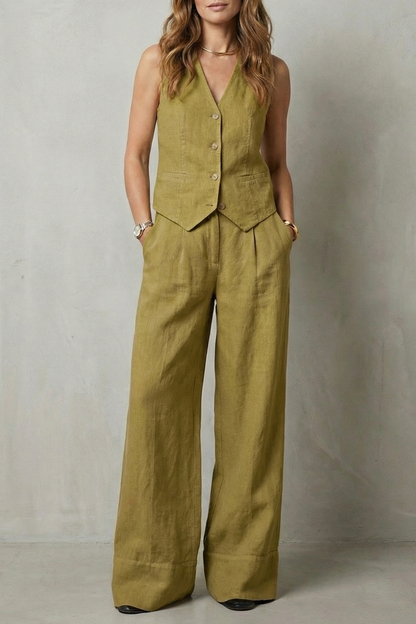 Laurette | Linen Vest and Wide-Leg Trouser Set Oatmeal Sleeveless for Women
