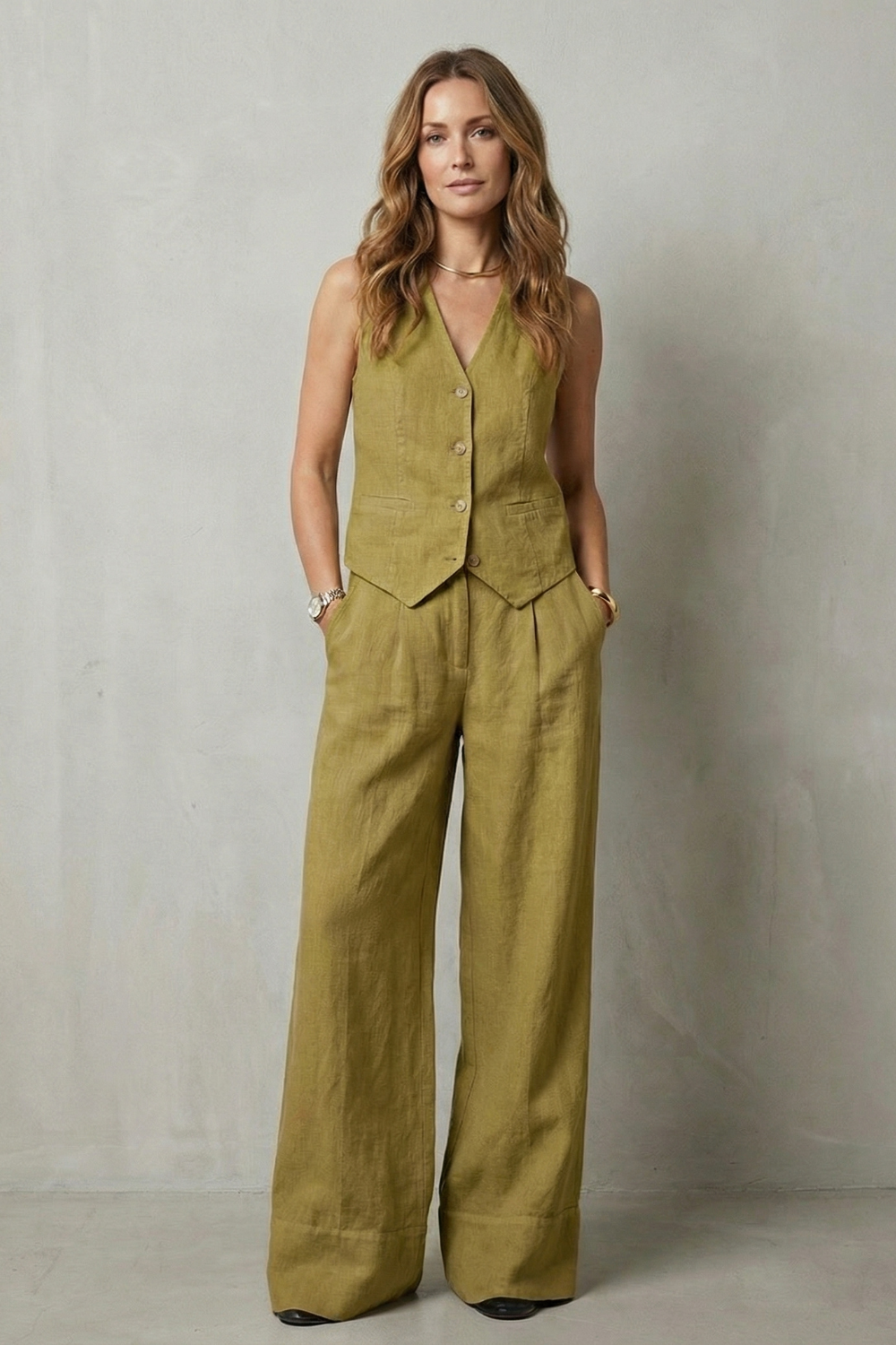 Laurette | Linen Vest and Wide-Leg Trouser Set Oatmeal Sleeveless for Women