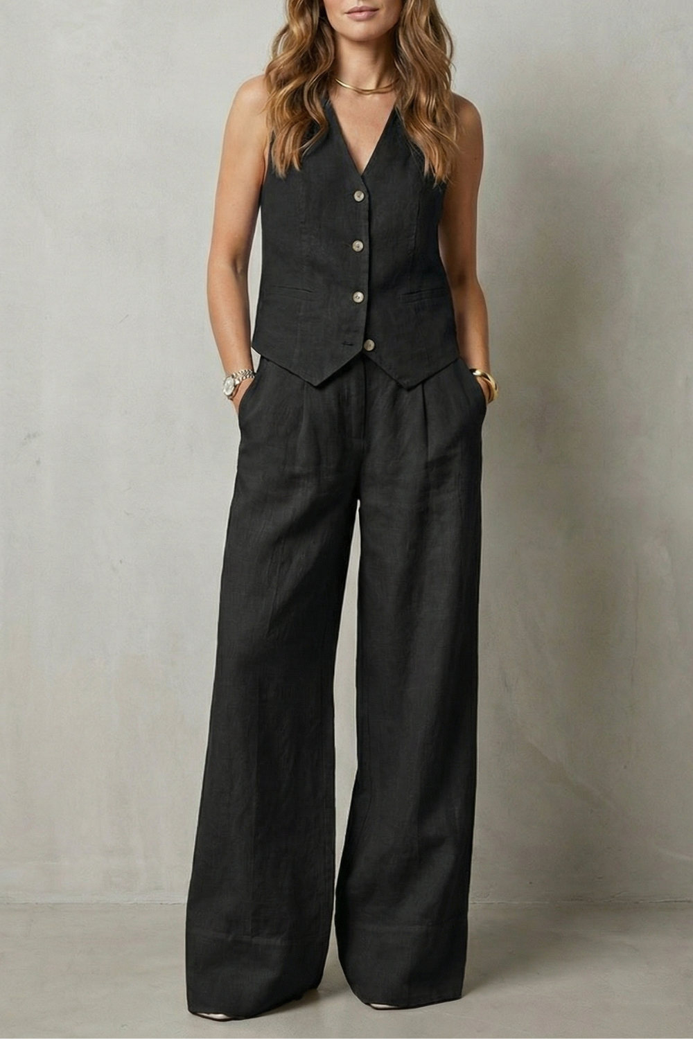 Laurette | Linen Vest and Wide-Leg Trouser Set Oatmeal Sleeveless for Women