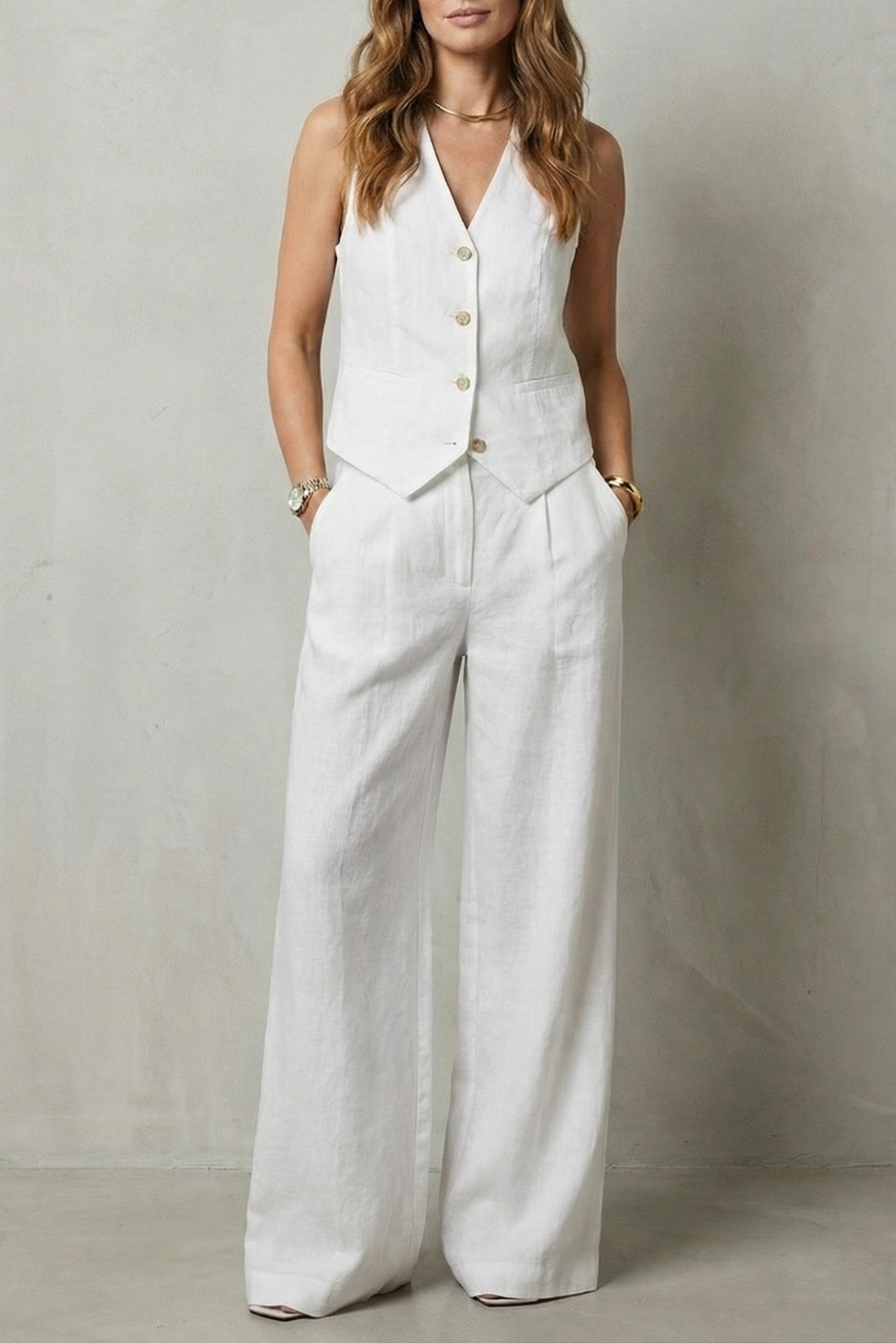 Laurette | Linen Vest and Wide-Leg Trouser Set Oatmeal Sleeveless for Women
