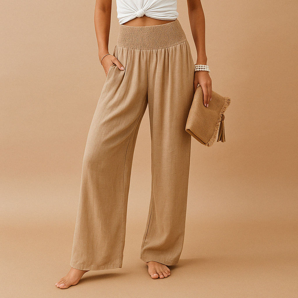 Phoebe | Wide-Leg Trousers Sand Linen-Look High-Waist Smocked for Women