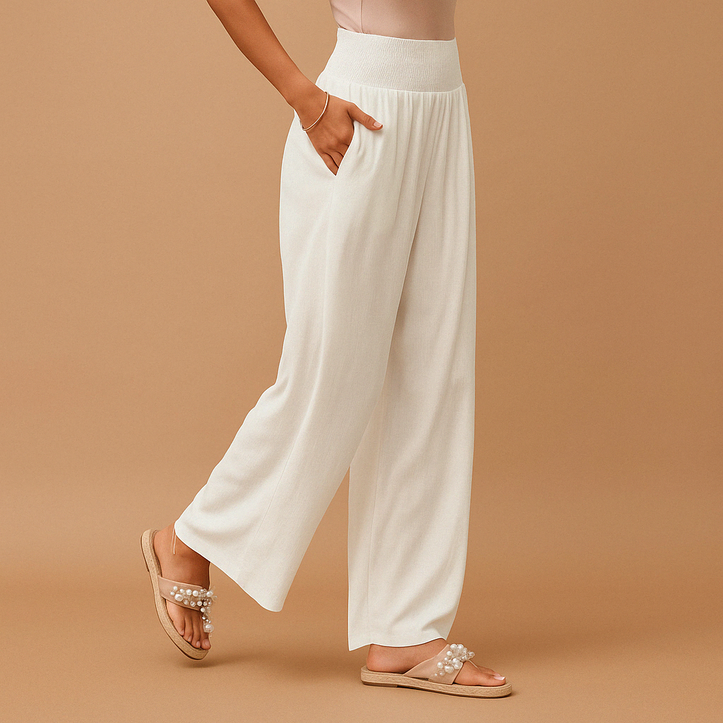 Phoebe | Wide-Leg Trousers Sand Linen-Look High-Waist Smocked for Women