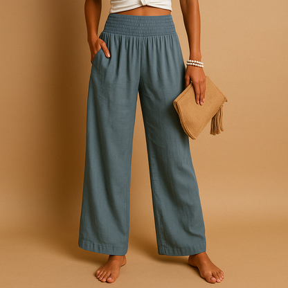 Phoebe | Wide-Leg Trousers Sand Linen-Look High-Waist Smocked for Women