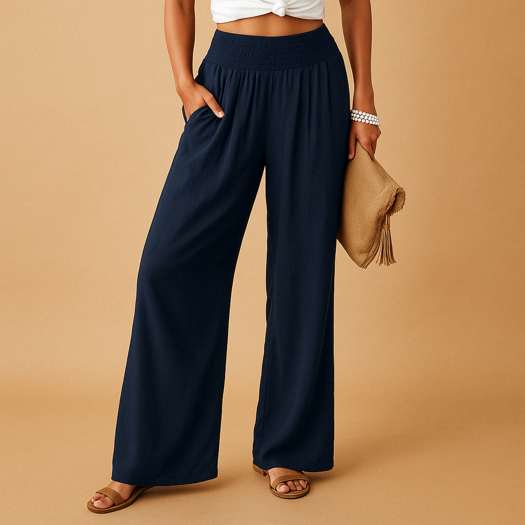 Phoebe | Wide-Leg Trousers Sand Linen-Look High-Waist Smocked for Women