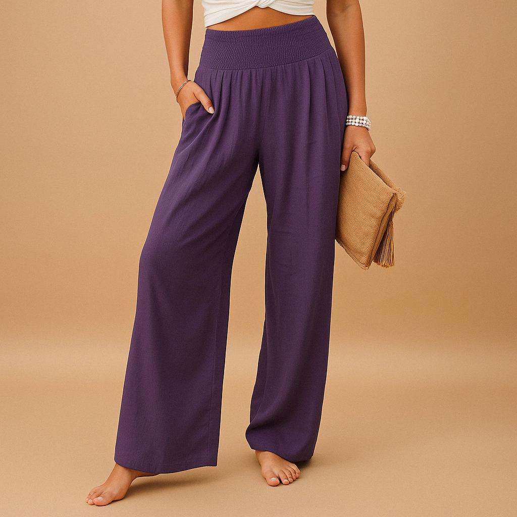 Phoebe | Wide-Leg Trousers Sand Linen-Look High-Waist Smocked for Women