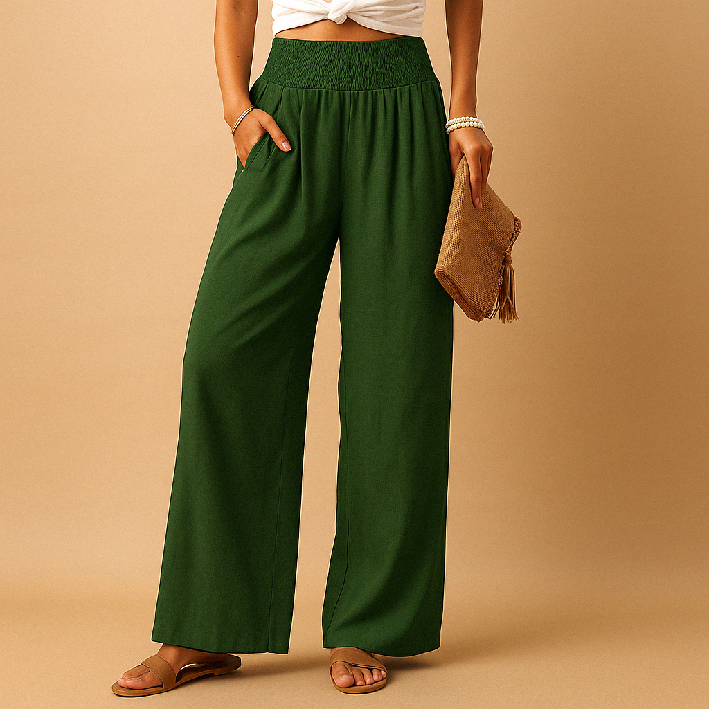Phoebe | Wide-Leg Trousers Sand Linen-Look High-Waist Smocked for Women