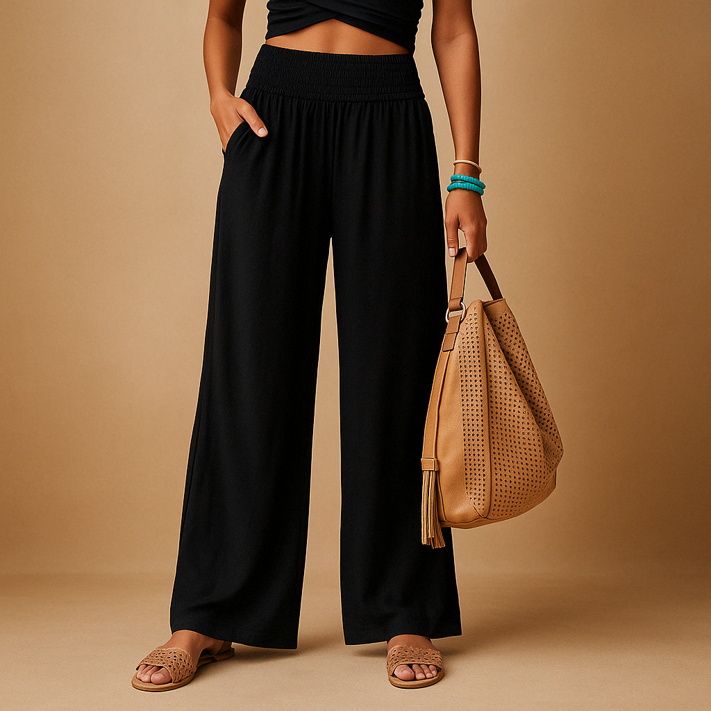 Phoebe | Wide-Leg Trousers Sand Linen-Look High-Waist Smocked for Women