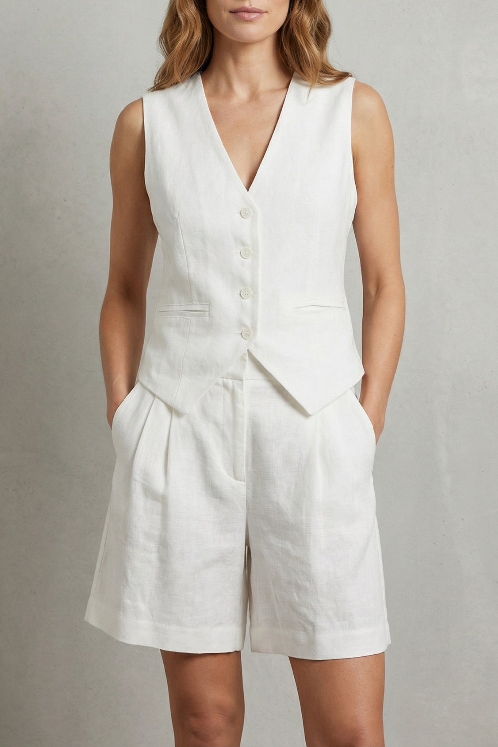 Phoebe | Linen Outfit Set White Tailored Vest & Shorts for Women