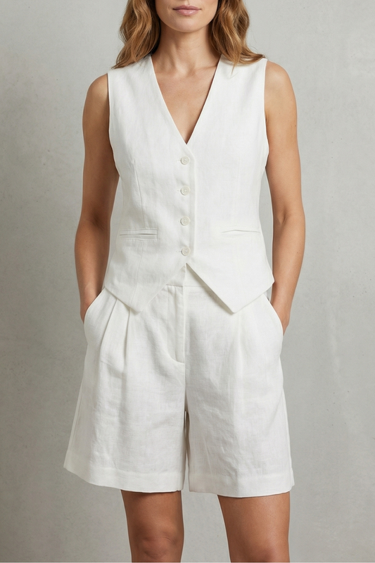Phoebe | Linen Outfit Set White Tailored Vest & Shorts for Women