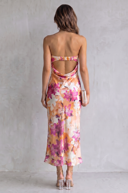Rosalind | Maxi Dress Peach Floral Satin Strapless for Women
