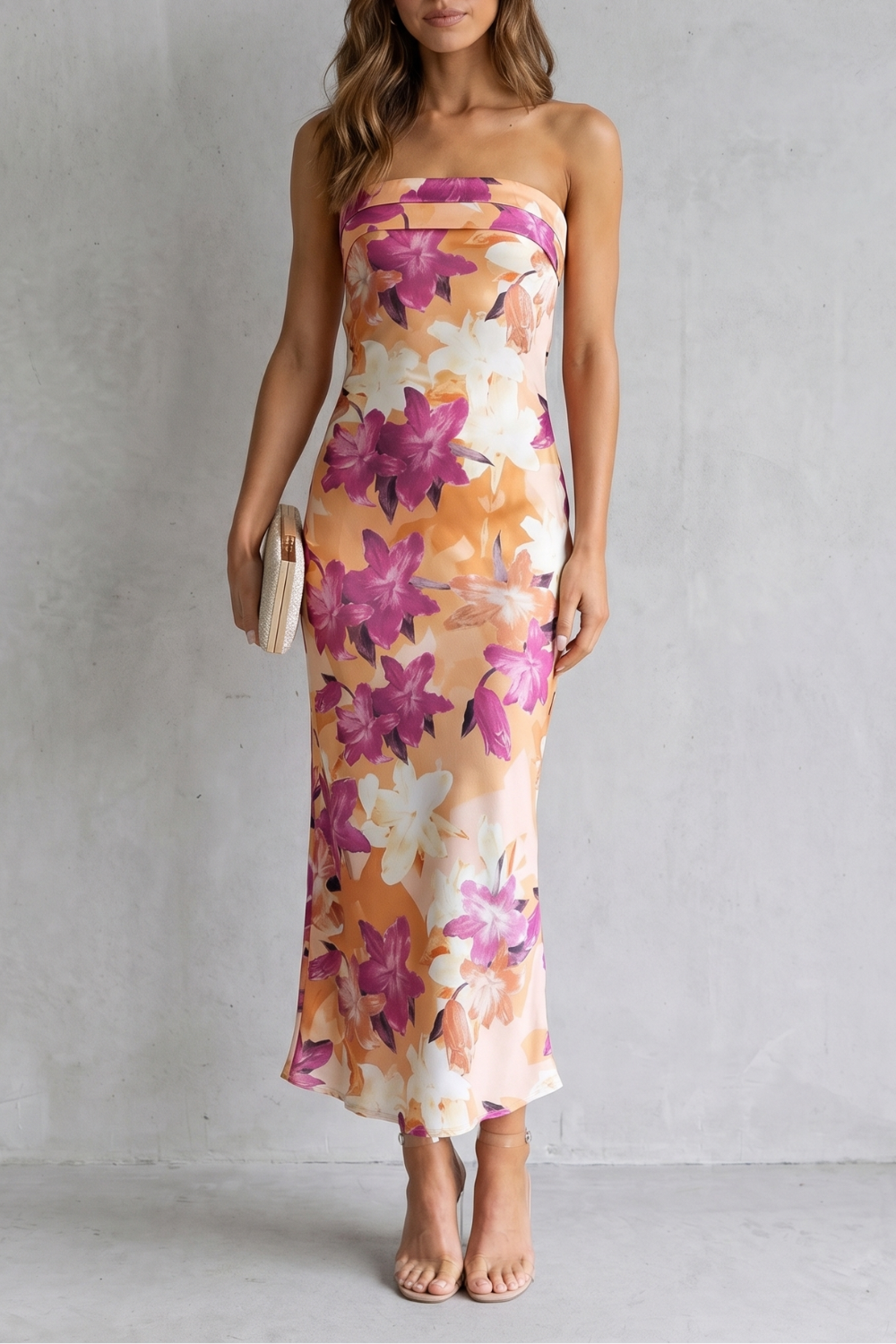 Rosalind | Maxi Dress Peach Floral Satin Strapless for Women
