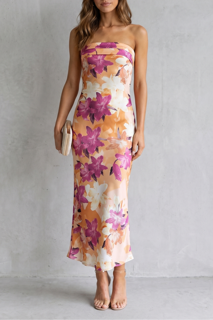 Rosalind | Maxi Dress Peach Floral Satin Strapless for Women