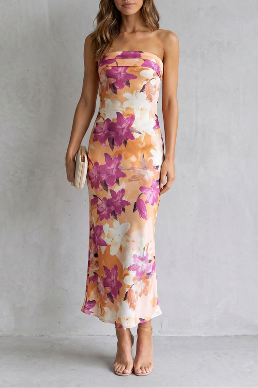 Rosalind | Maxi Dress Peach Floral Satin Strapless for Women