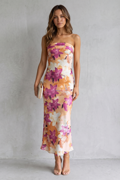 Rosalind | Maxi Dress Peach Floral Satin Strapless for Women