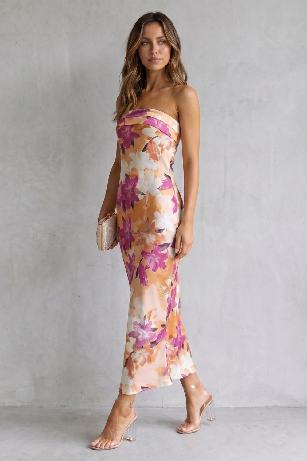 Rosalind | Maxi Dress Peach Floral Satin Strapless for Women
