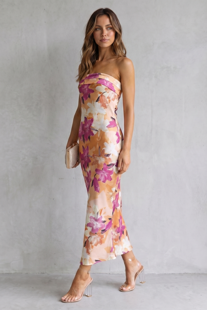 Rosalind | Maxi Dress Peach Floral Satin Strapless for Women