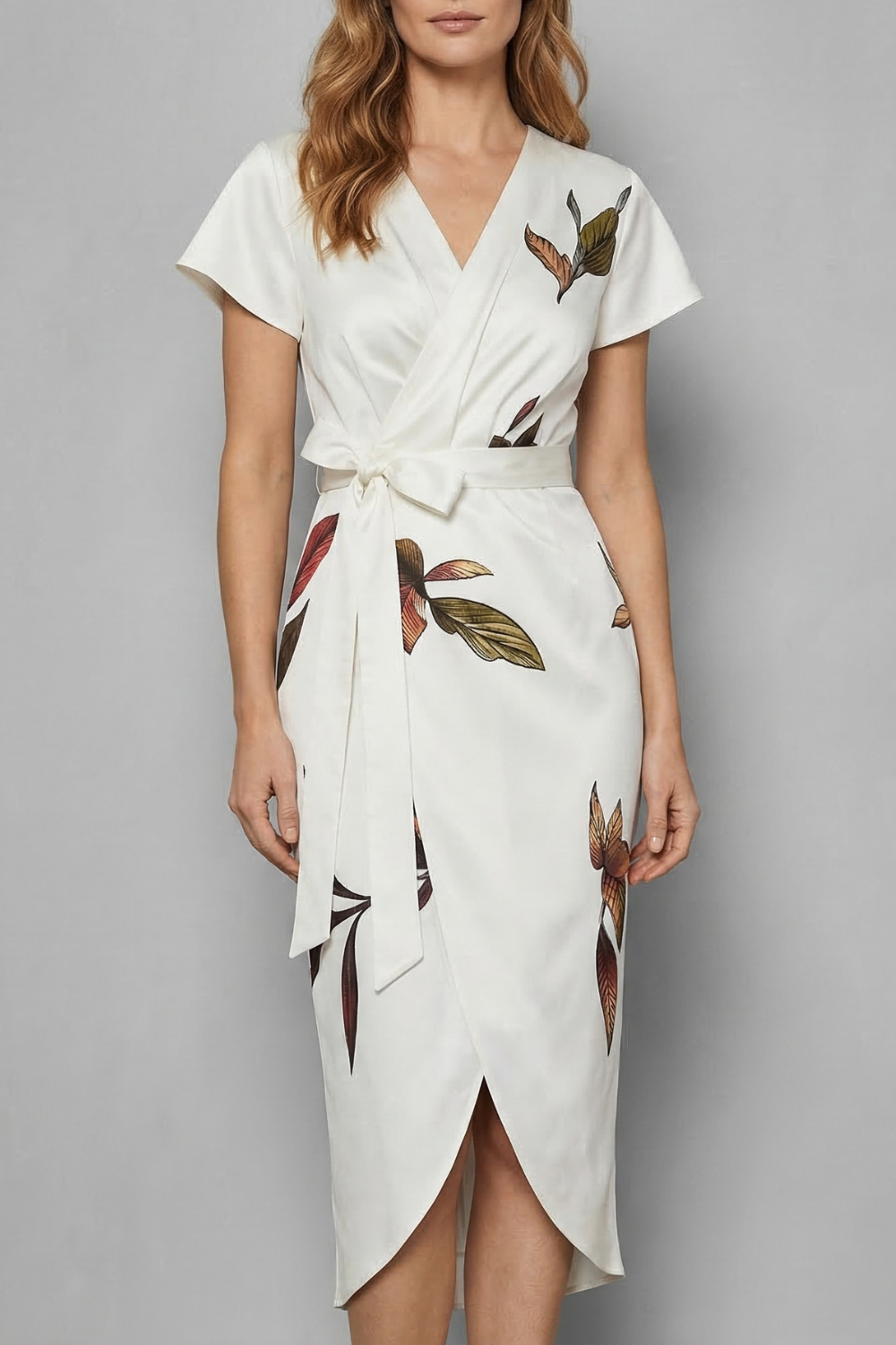 Harriet | Midi Wrap Dress Ivory Leaf Print Satin Short Sleeve for Women