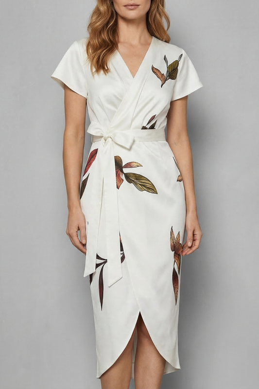 Harriet | Midi Wrap Dress Ivory Leaf Print Satin Short Sleeve for Women