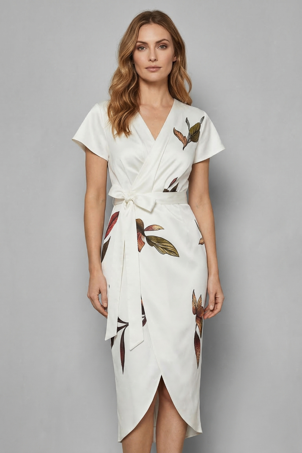 Harriet | Midi Wrap Dress Ivory Leaf Print Satin Short Sleeve for Women