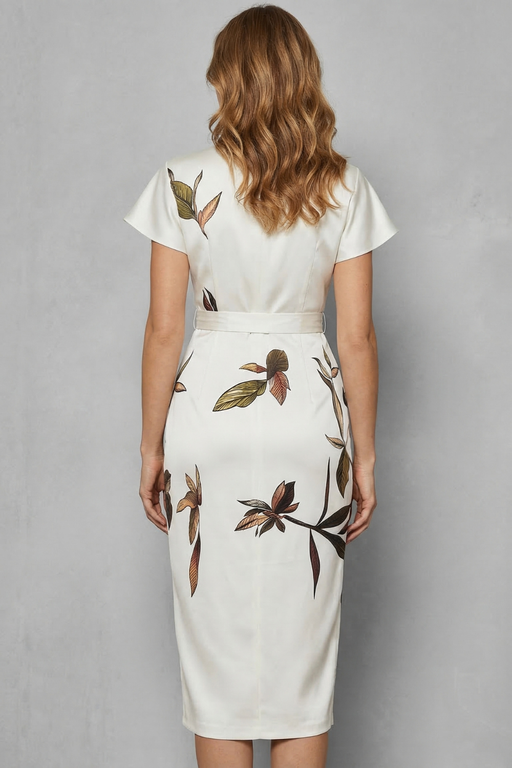 Harriet | Midi Wrap Dress Ivory Leaf Print Satin Short Sleeve for Women