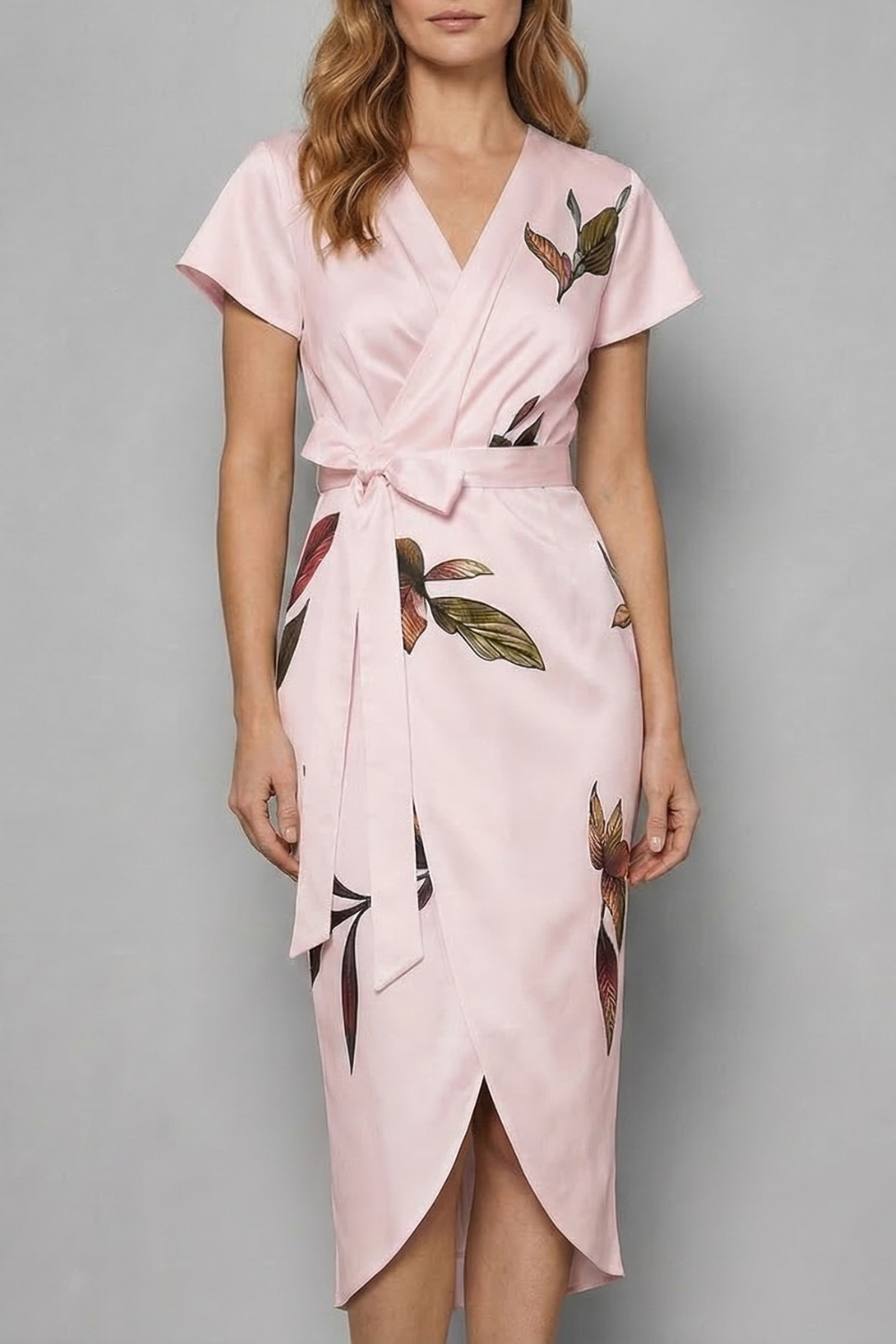 Harriet | Midi Wrap Dress Ivory Leaf Print Satin Short Sleeve for Women