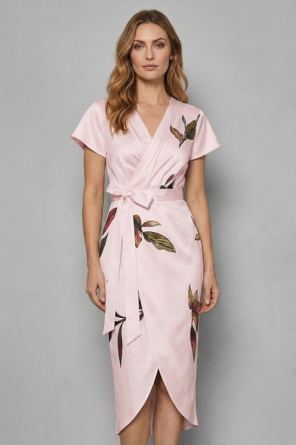 Harriet | Midi Wrap Dress Ivory Leaf Print Satin Short Sleeve for Women