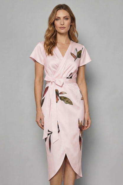 Harriet | Midi Wrap Dress Ivory Leaf Print Satin Short Sleeve for Women